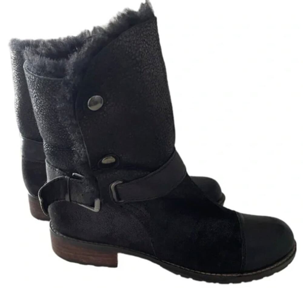 Matt Bernson Black Leather Faux Sherpa Lined Buckled Snap Side Boots 7